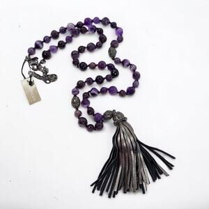 Long Chico's Purple Bead Leather Tassel Necklace 34" New Willa Glass Rhinestone